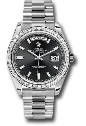 Replica Rolex 950 Platinum Day-Date 40 Watch 228396TBR Bezel Black Baguette Diamond Dial President Bracelet